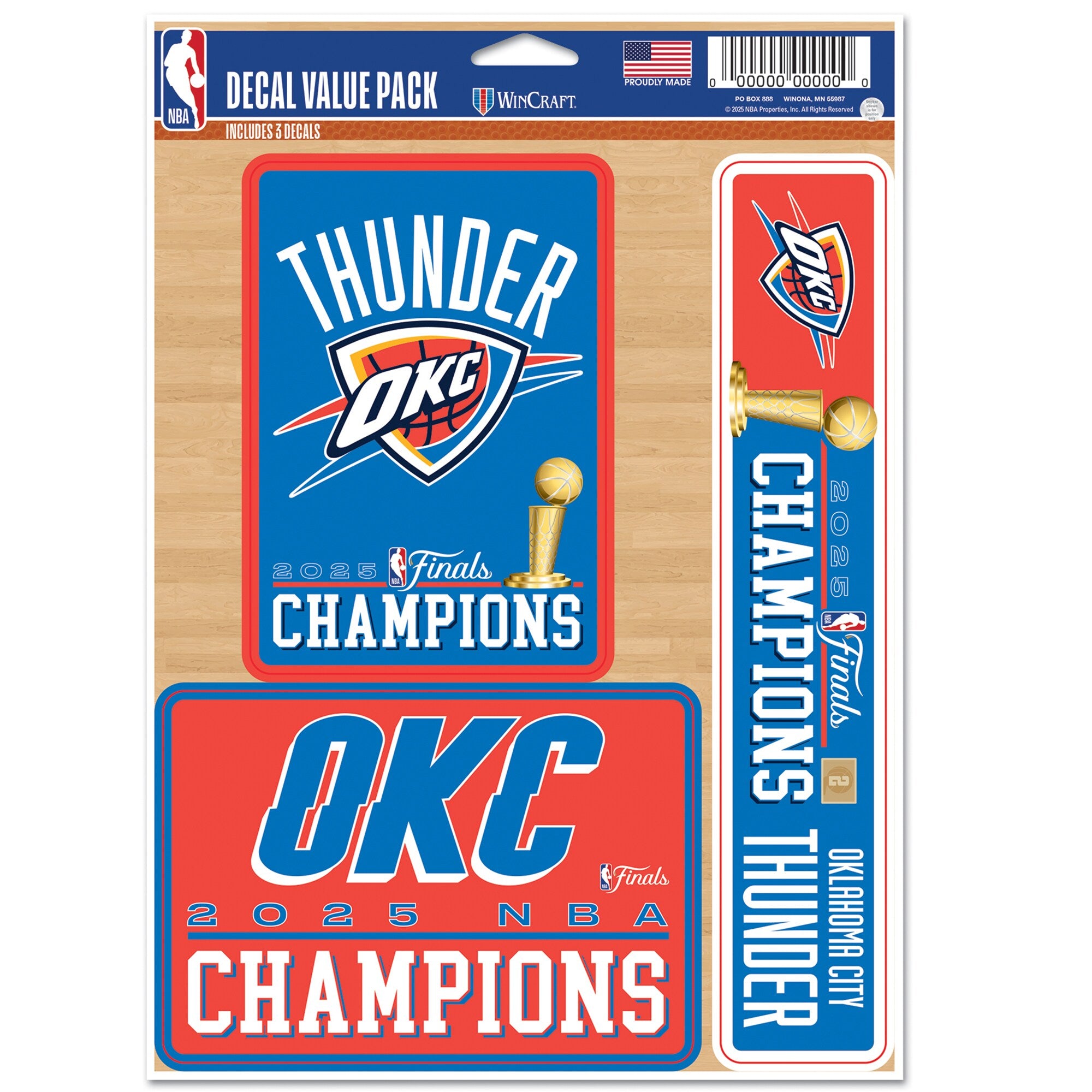 Oklahoma City Thunder Wincraft NBA 2025 Champs 3 Pack Multi Use Decal Set