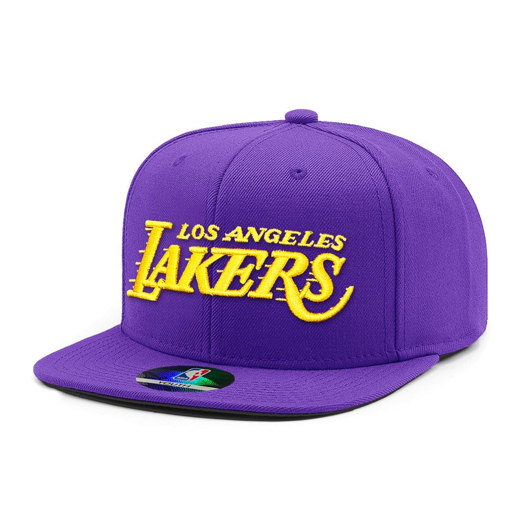 NBA Essentials Caps Youths Youths Los Angeles Lakers NBA Essentials Wordmark Flat Brim Snapback Hat - Purple