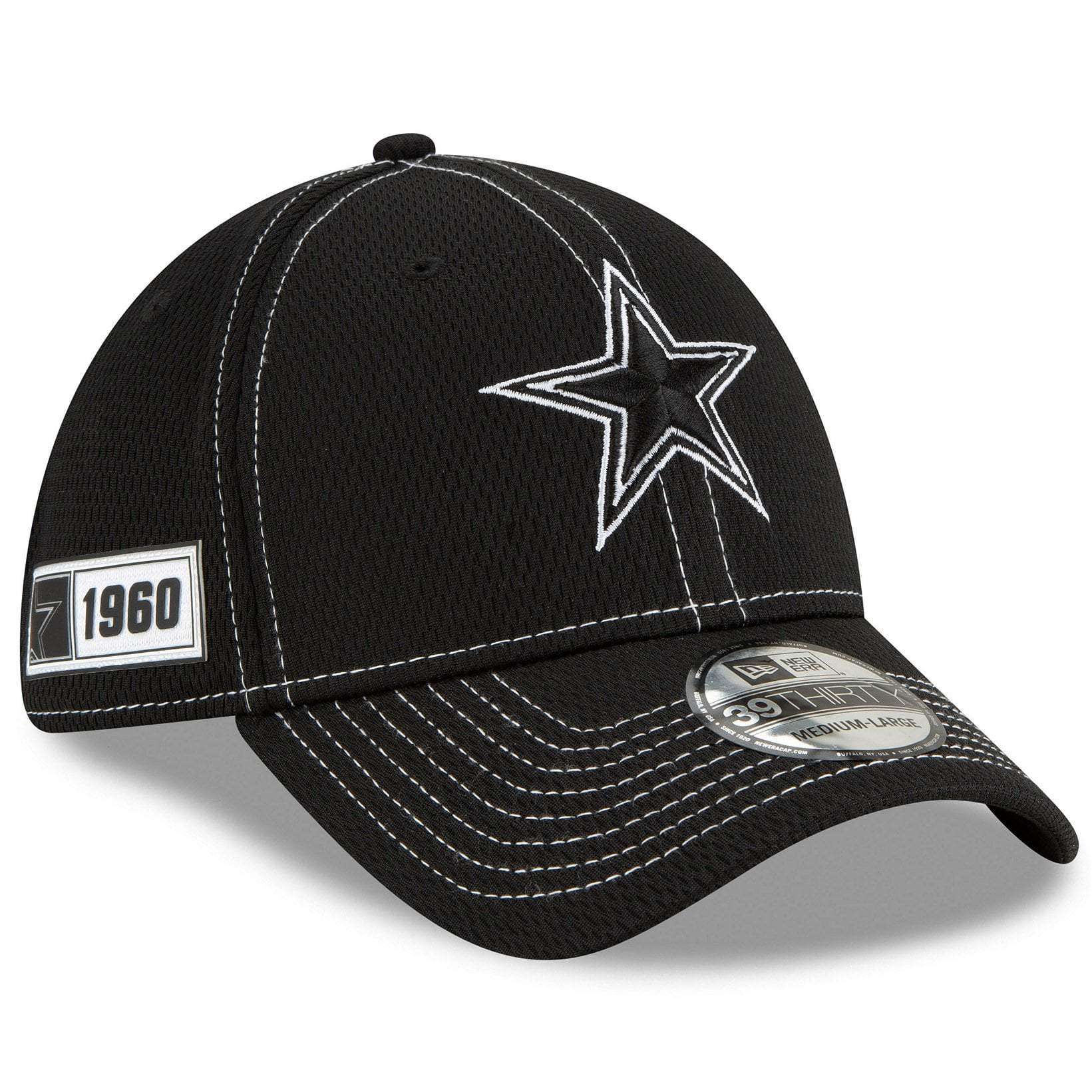 Dallas Cowboys New Era NFL 2019 Sideline Black & White 39THIRTY Stretch-Fit Curve Hat