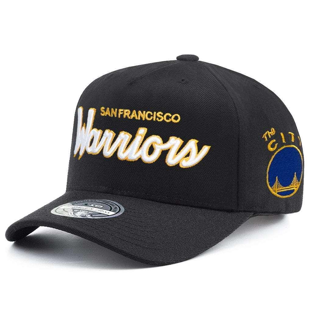 Golden State Warriors Mitchell & Ness NBA Script Pop 110 Curve Snapback Hat - Black