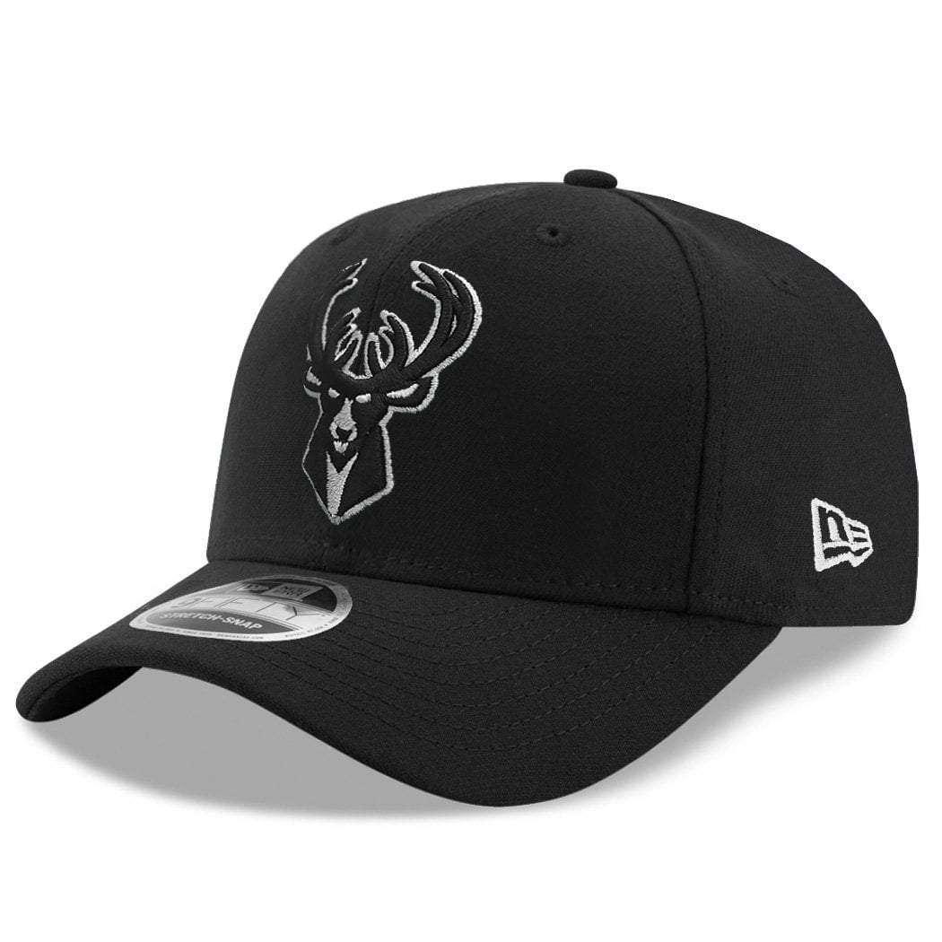 Milwaukee Bucks New Era NBA Outline Stretch-Snap 9FIFTY Curved Snapback Hat - Black