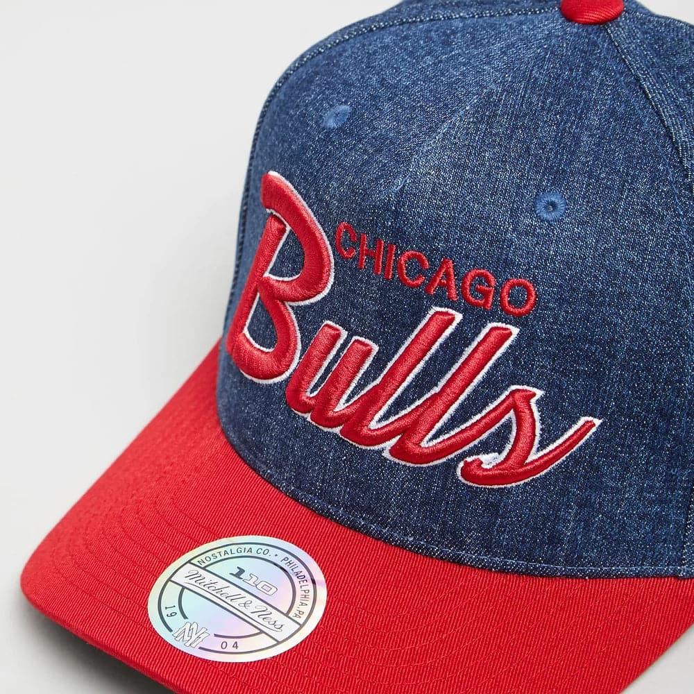Chicago Bulls Mitchell & Ness NBA Denim Block Script 110 Curve Snapback Hat