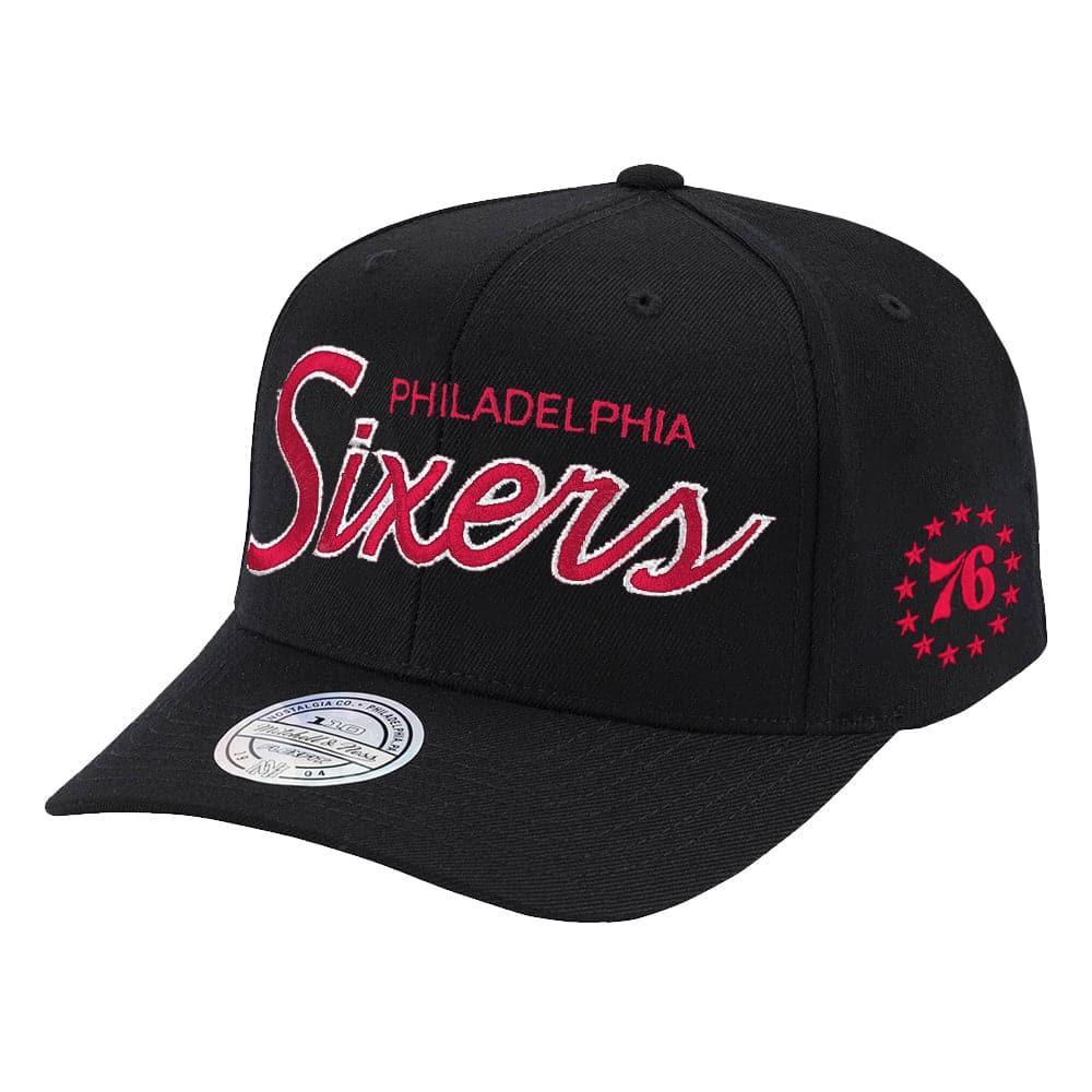 Philadelphia 76ers Mitchell & Ness NBA Foundation Script 110 Curve Snapback Hat - Black