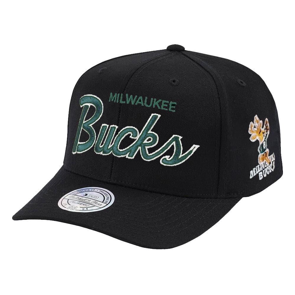 Milwaukee Bucks Mitchell & Ness NBA Foundation Script 110 Curve Snapback Hat - Black