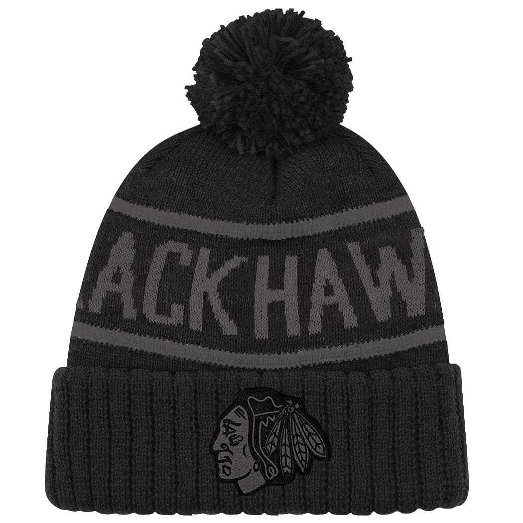 Chicago Blackhawks NHL Triple Black On Black Pom Knit Beanie - Black