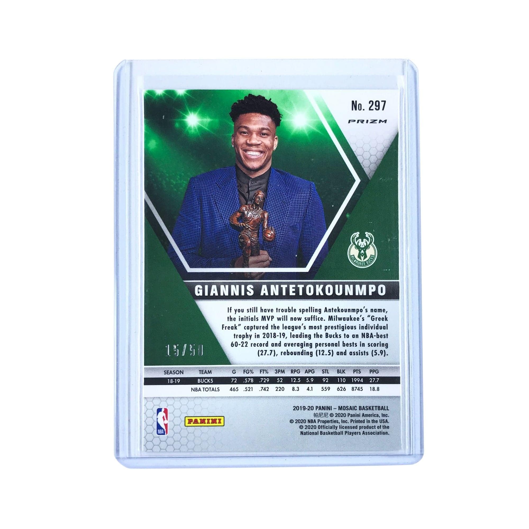 Giannis Antetokounmpo Milwaukee Bucks 2019-20 Panini Mosaic NBA MVP /50 Purple Card
