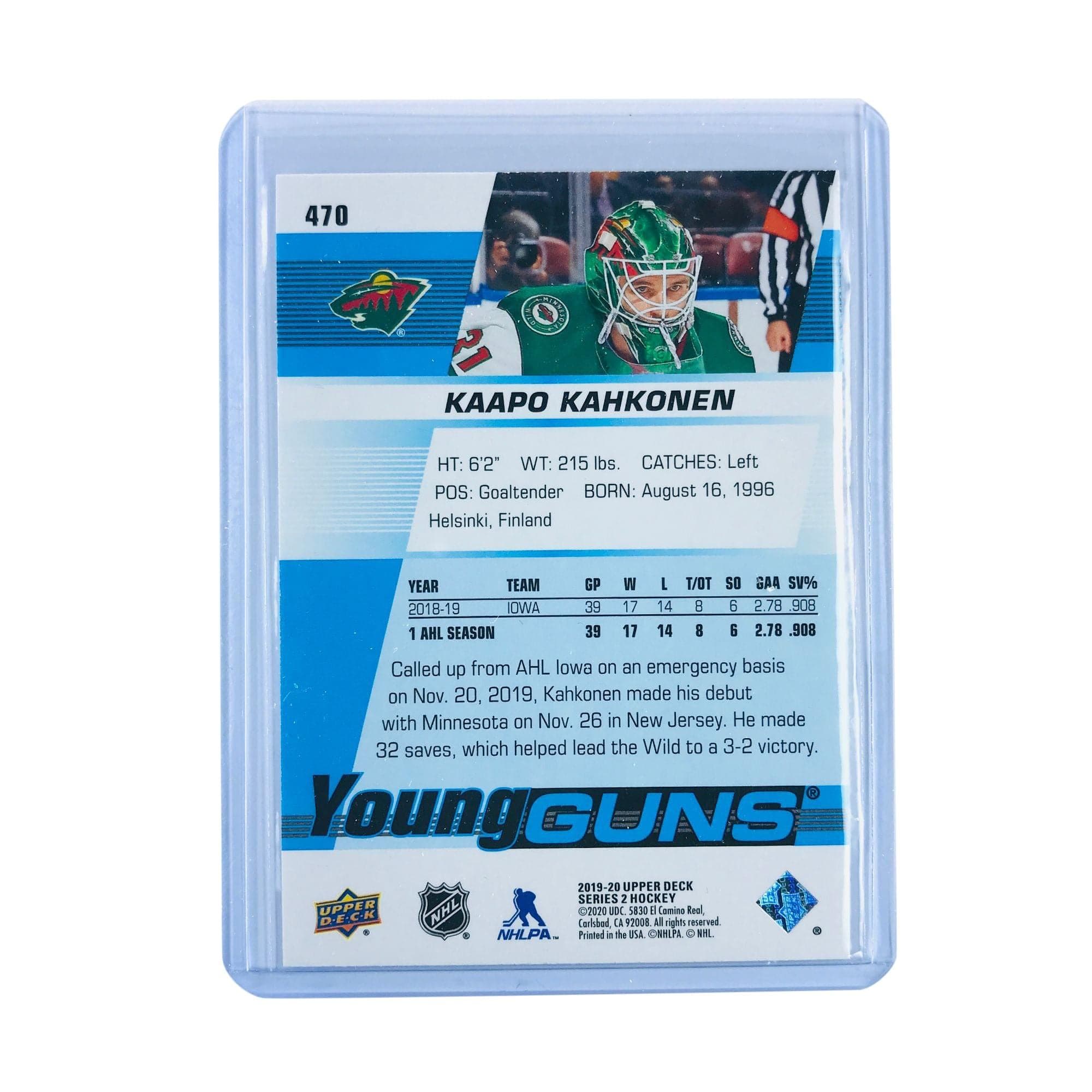Kaapo Kahkonen Minnesota Wild 2019-20 Upper Deck Series 2 NHL Young Guns Card