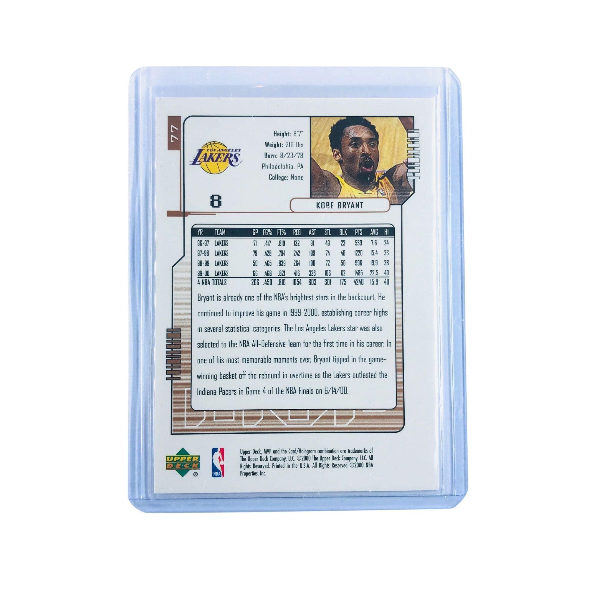 Kobe Bryant Los Angeles Lakers Upper Deck 2000 NBA MVP 77 Card