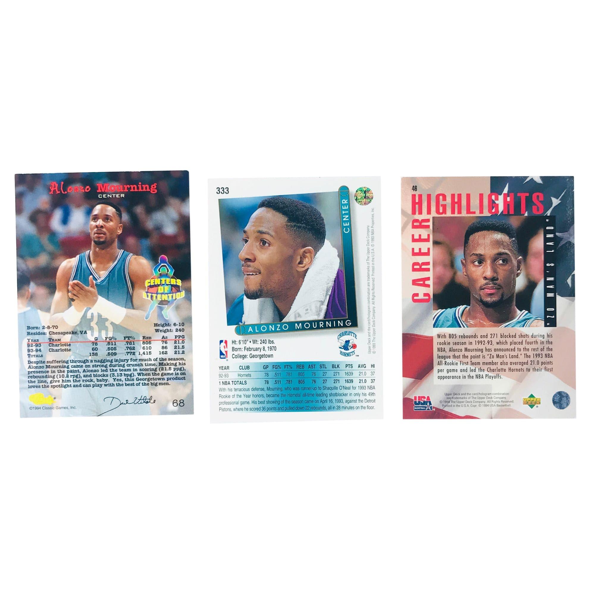 Alonzo Mourning Charlotte Hornets Upper Deck NBA 3 Card Set