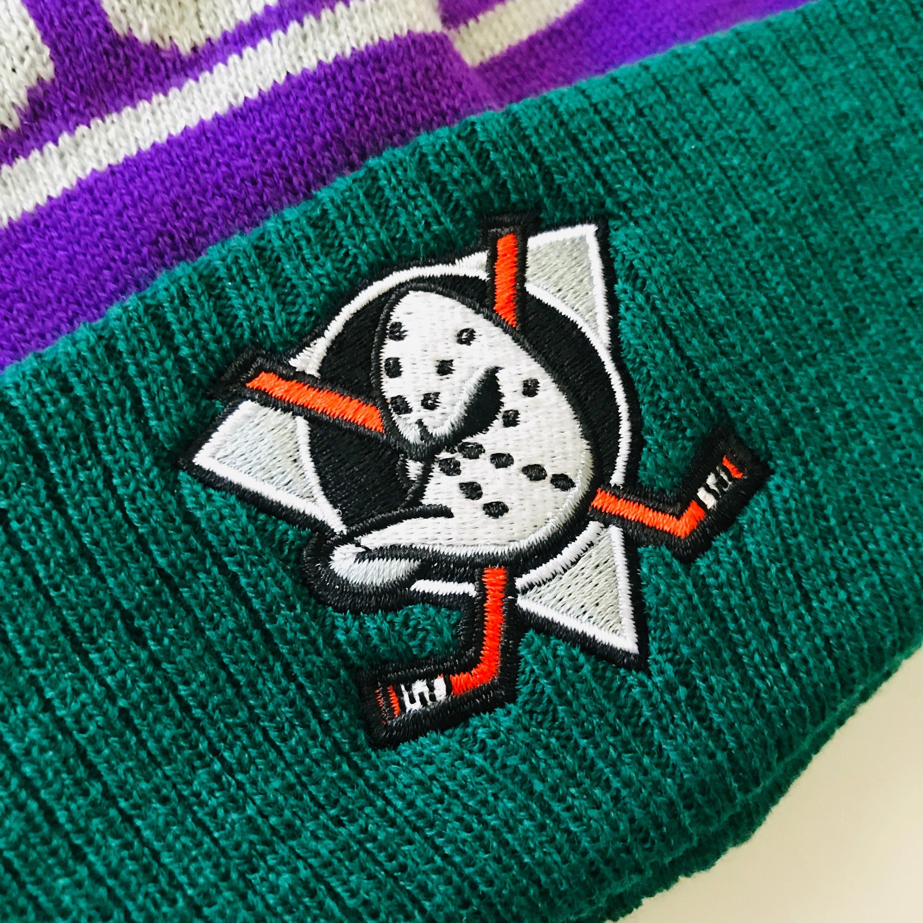 Anaheim Mighty Ducks NHL Team Colour Stripe Pom Knit Beanie - Purple/Green