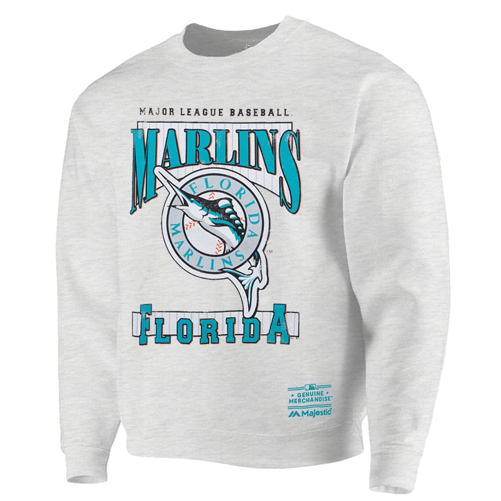 Miami Marlins Majestic MLB Throwback Arch Vintage Crew Jumper - White Marle