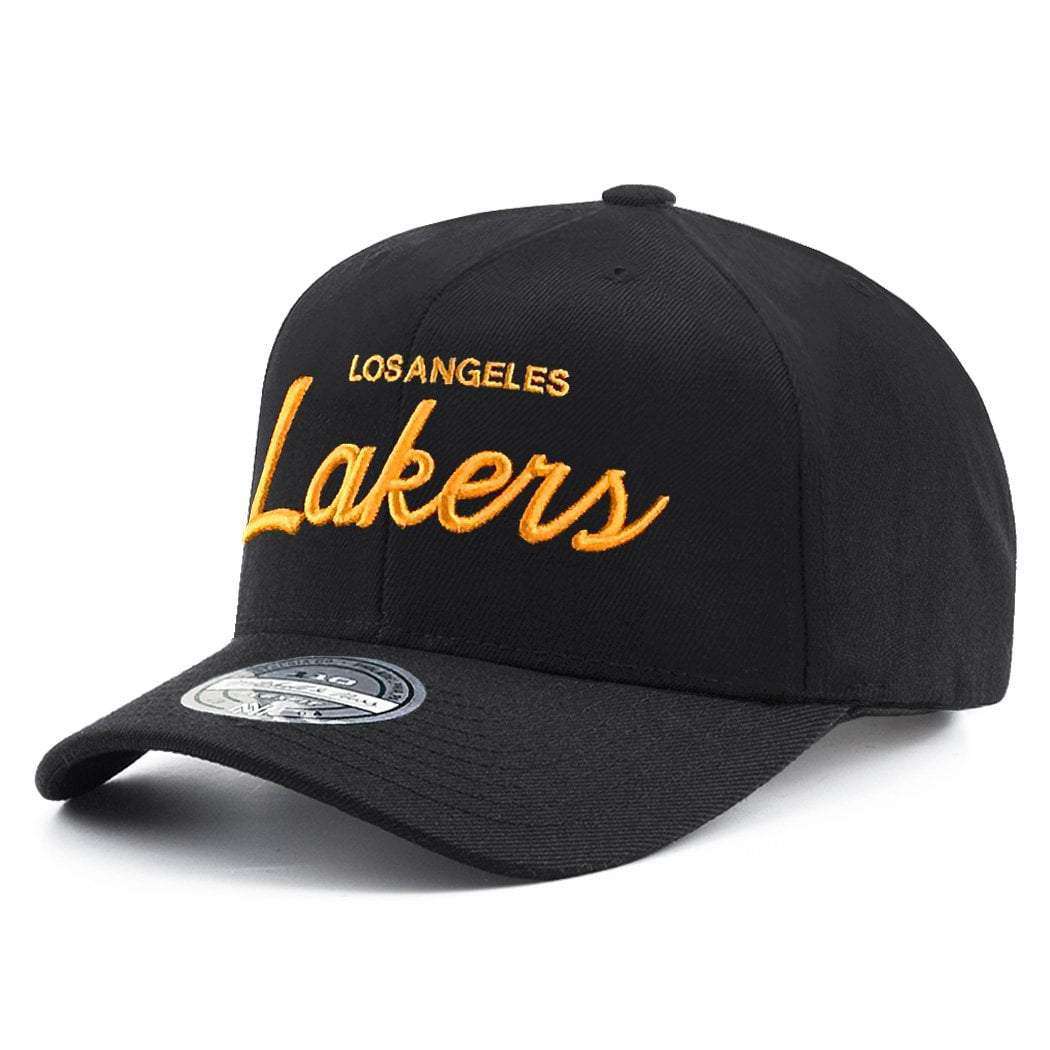 Los Angeles Lakers Mitchell & Ness NBA 110 Script Pre-Curve Snapback Hat - Black