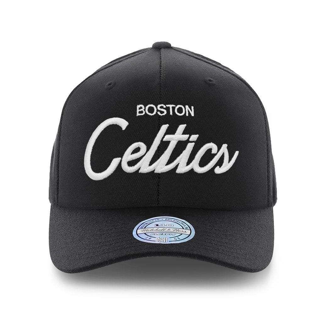Boston Celtics Mitchell & Ness NBA 110 Script Logo Curve Snapback Hat - Black