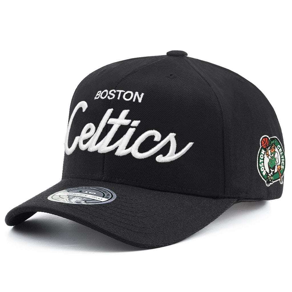 Boston Celtics Mitchell & Ness NBA 110 Script Logo Curve Snapback Hat - Black