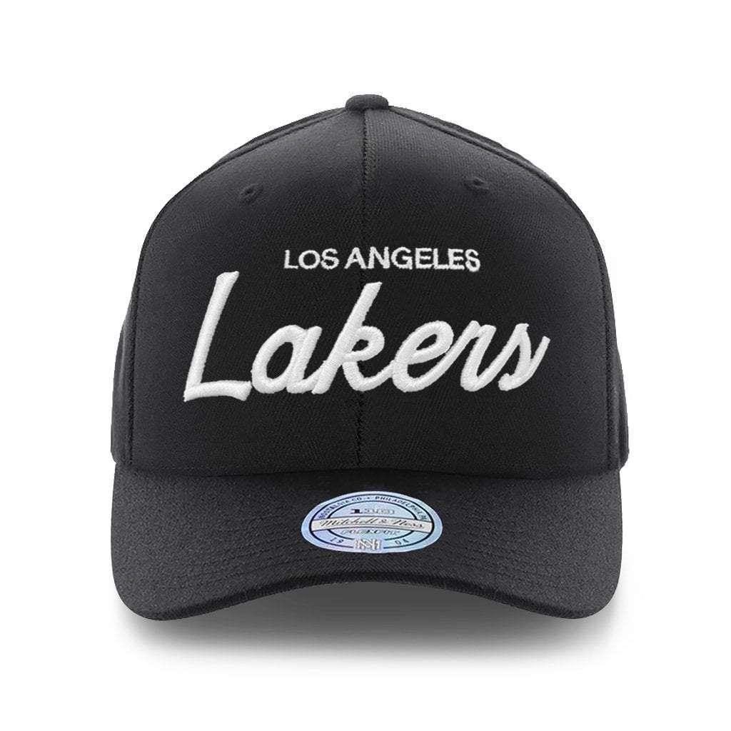 Los Angeles Lakers Mitchell & Ness NBA 110 Script Logo Curve Snapback Hat - Black