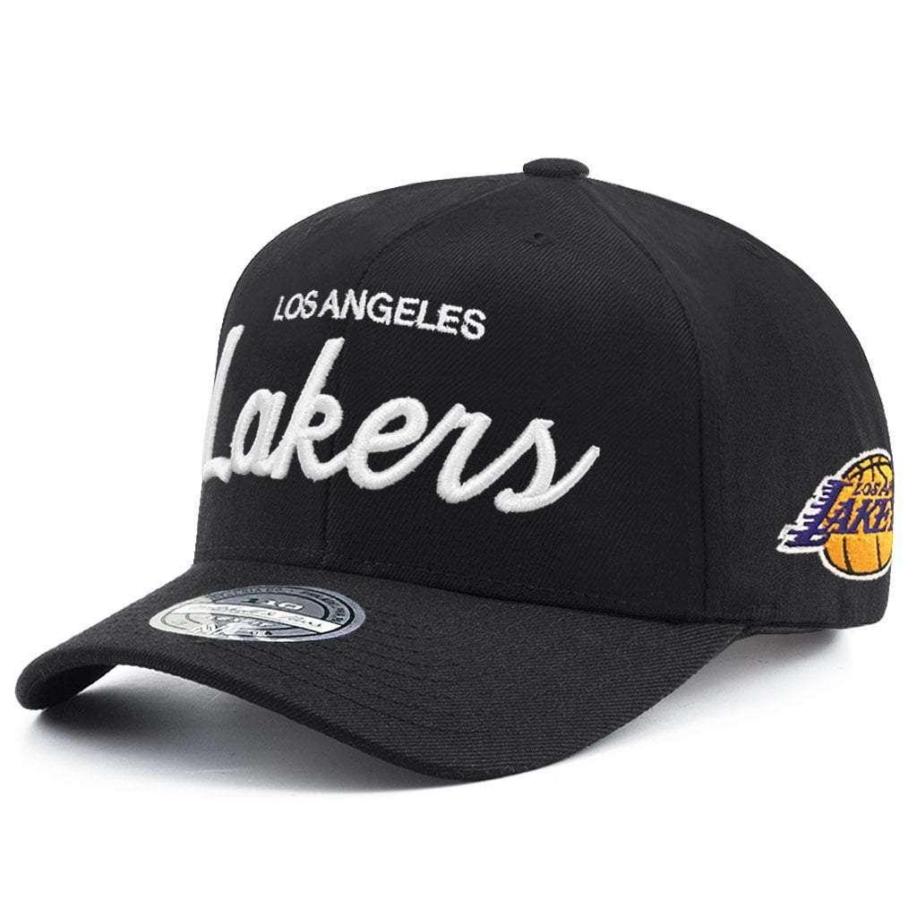 Los Angeles Lakers Mitchell & Ness NBA 110 Script Logo Curve Snapback Hat - Black