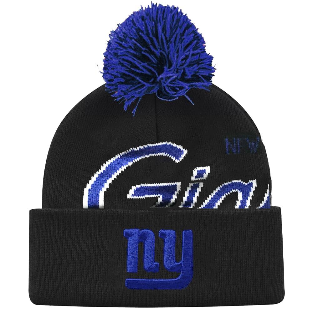 New York Giants Mitchell & Ness NFL Script Burst Pom Knit Beanie - Black