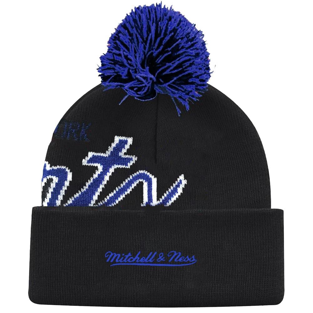 New York Giants Mitchell & Ness NFL Script Burst Pom Knit Beanie - Black