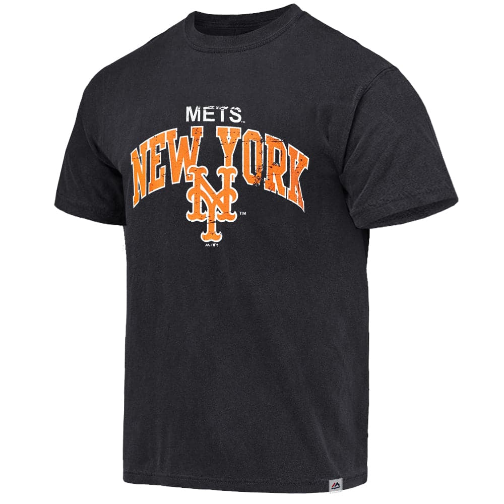New York Mets Majestic MLB Acid Wash Arch Vintage T-Shirt - Faded Black
