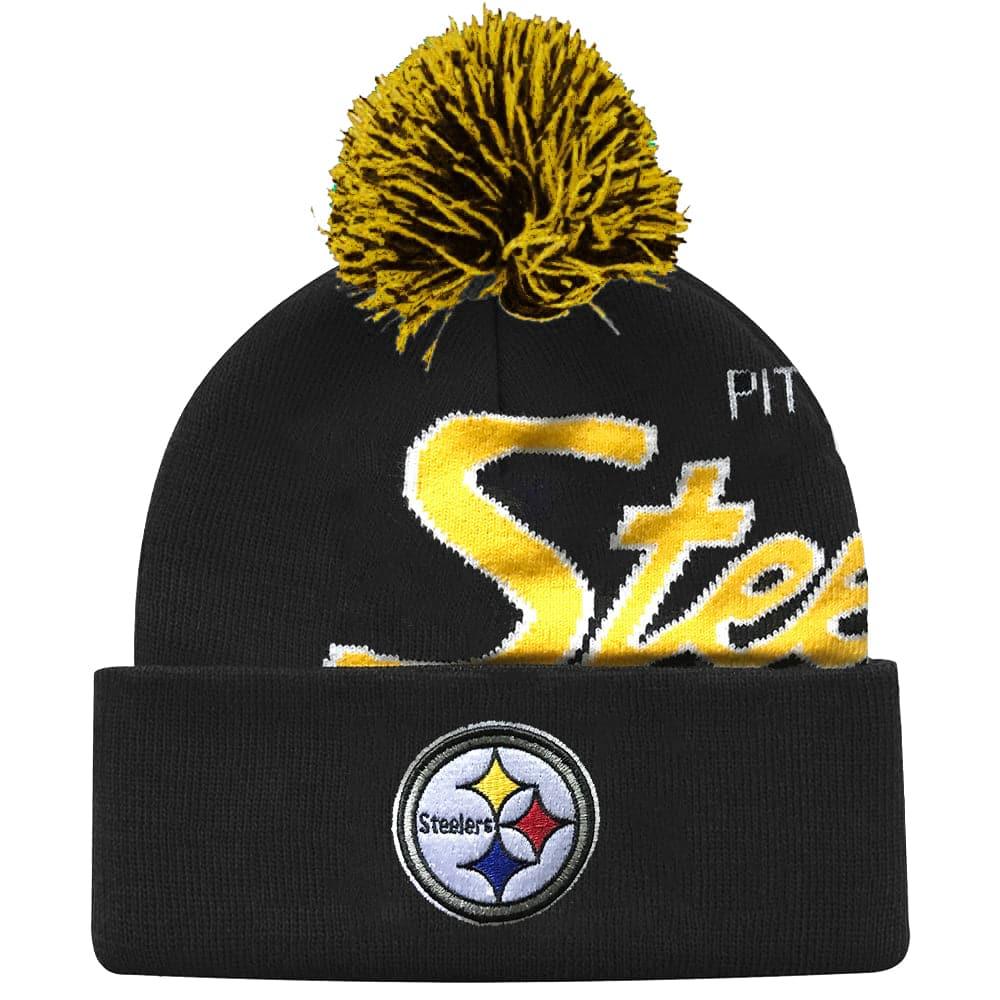 Pittsburgh Steelers Mitchell & Ness NFL Script Burst Pom Knit Beanie - Black