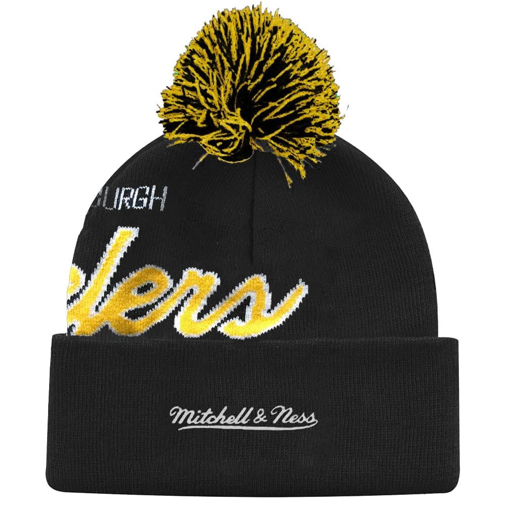 Pittsburgh Steelers Mitchell & Ness NFL Script Burst Pom Knit Beanie - Black
