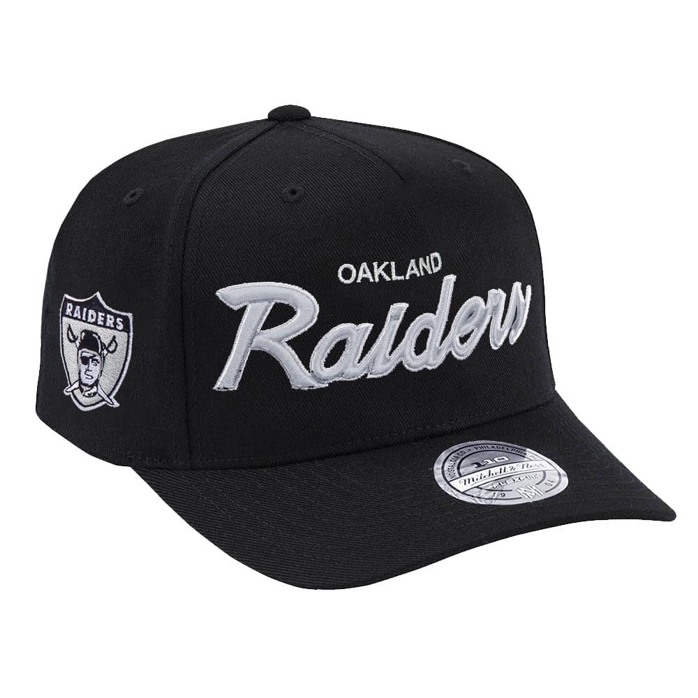 Oakland Raiders Mitchell & Ness NFL Foundation Script 110 Curve Snapback Hat - Black