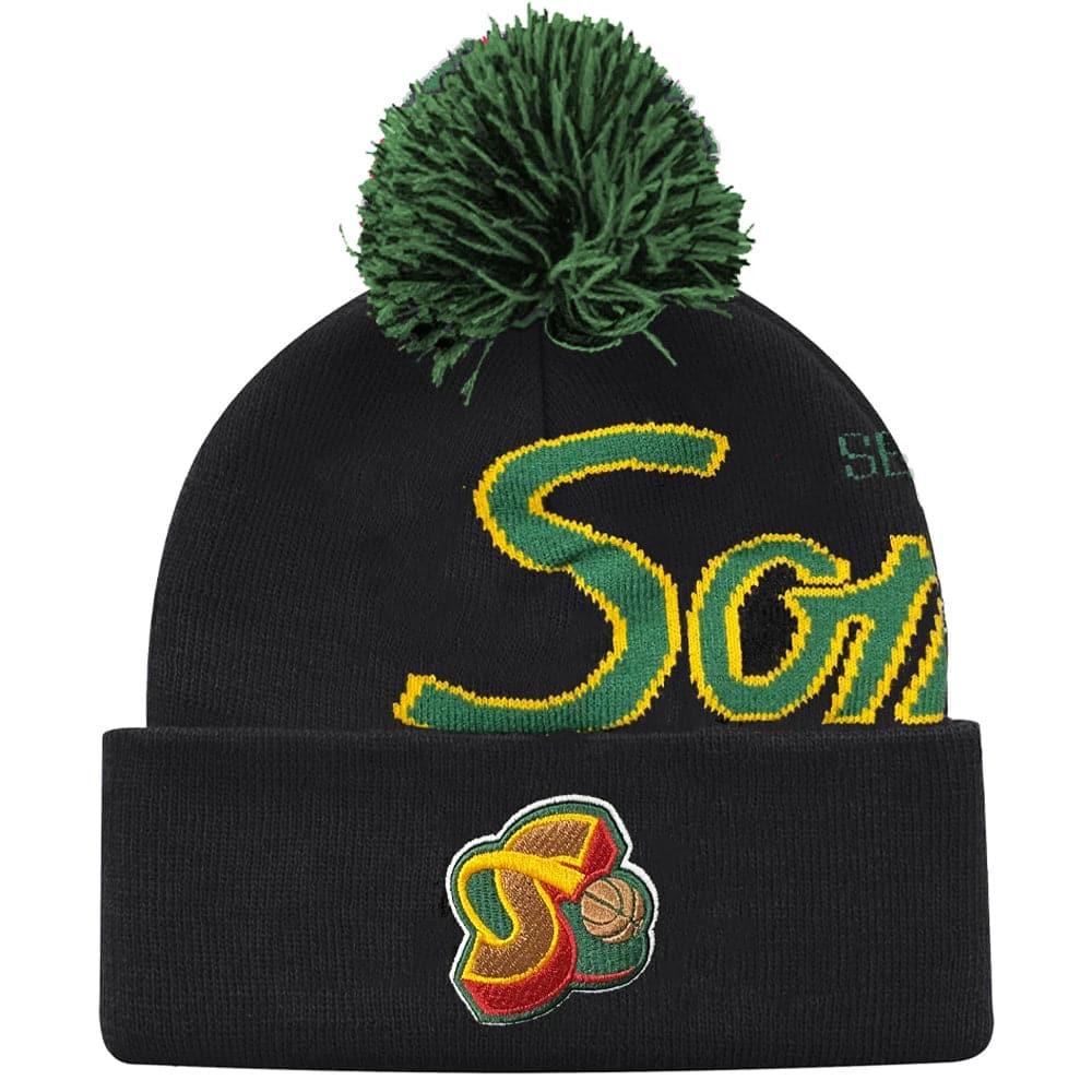 Seattle Supersonics Mitchell & Ness NBA Script Burst Pom Knit Beanie - Black