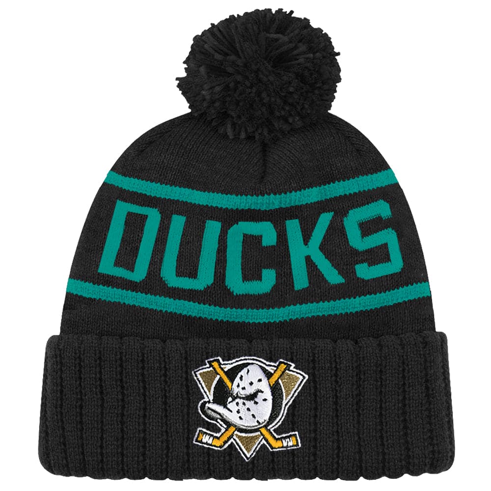 NHL Branded Beanies Anaheim Mighty Ducks NHL Team Colour Stripe Pom Knit Beanie - Black