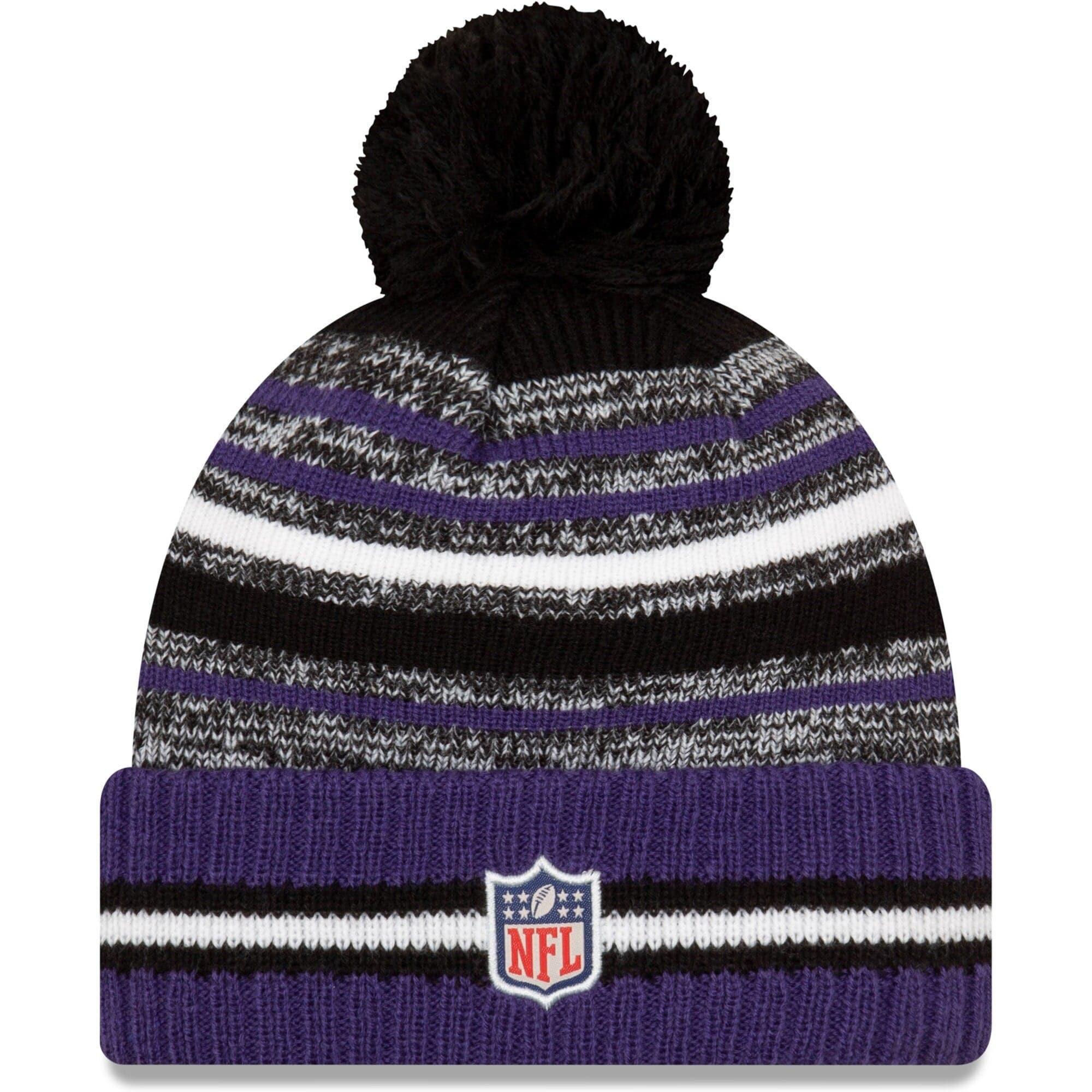 New Era Beanies Baltimore Ravens New Era NFL 2021 Sideline Team Pom Knit Beanie - Purple