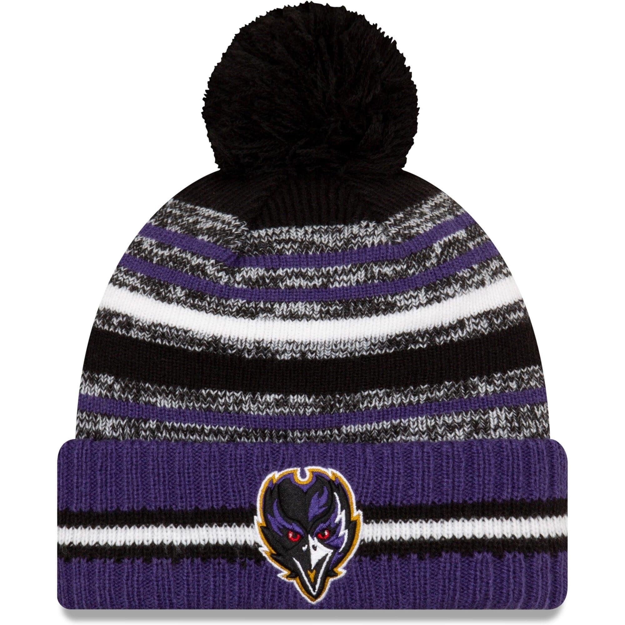 New Era Beanies Baltimore Ravens New Era NFL 2021 Sideline Team Pom Knit Beanie - Purple