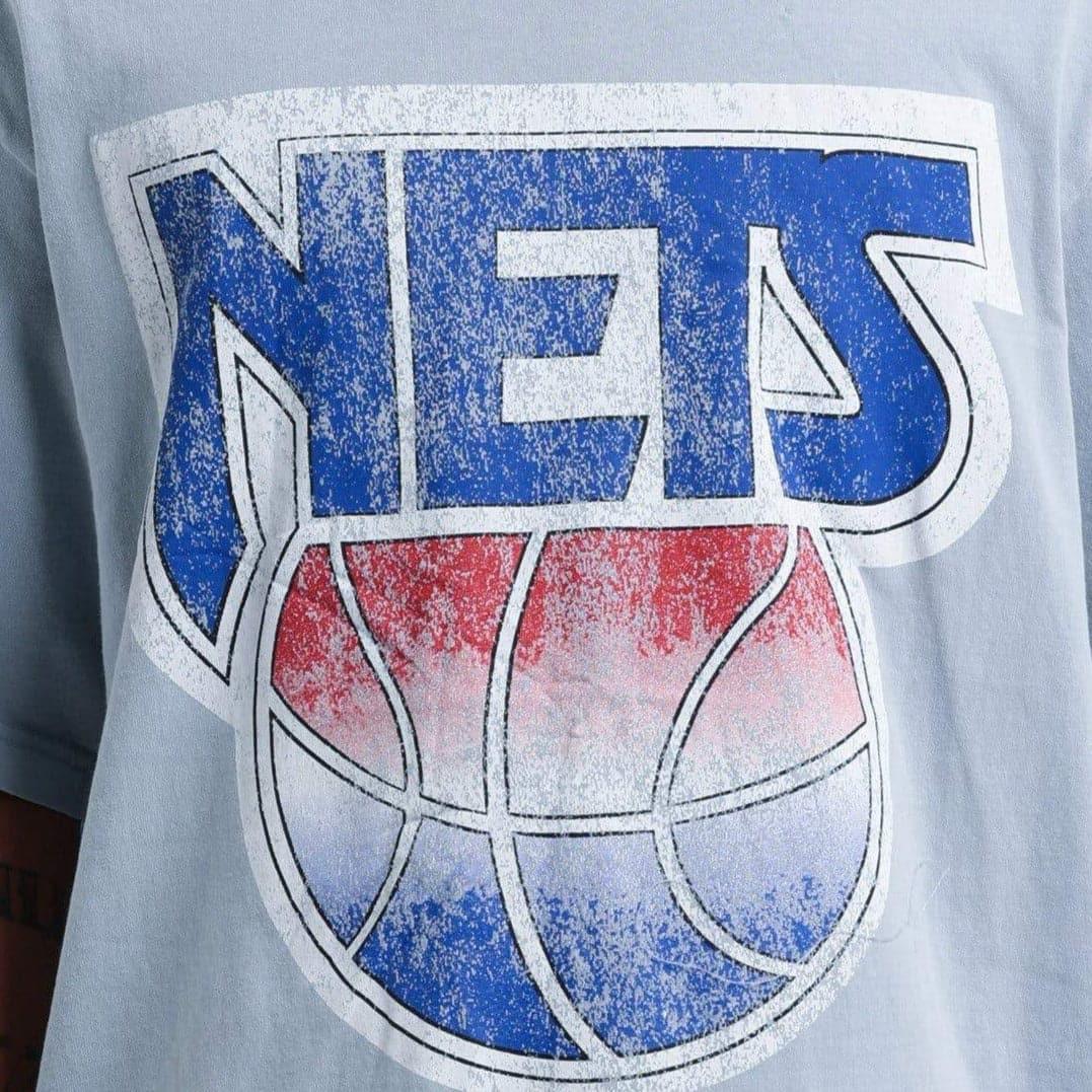 Mitchell And Ness T-Shirts Brooklyn Nets Mitchell & Ness NBA HWC Big Logo Vintage T-Shirt - Faded Blue Grey
