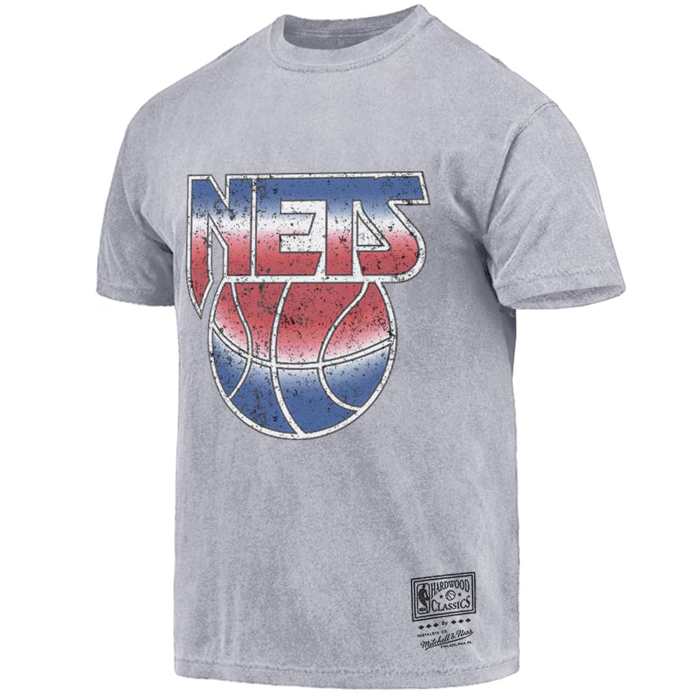 Mitchell And Ness T-Shirts Brooklyn Nets Mitchell & Ness NBA HWC Big Logo Vintage T-Shirt - Faded Blue Grey