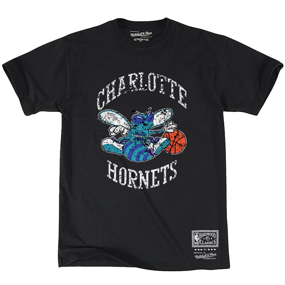 Mitchell And Ness T-Shirts Charlotte Hornets Mitchell & Ness NBA HWC Distressed Logo T-Shirt - Black