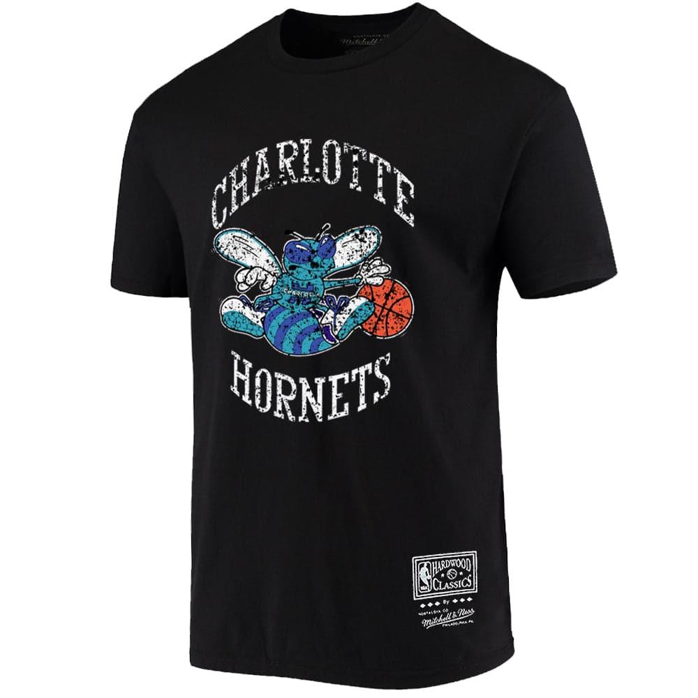 Mitchell And Ness T-Shirts Charlotte Hornets Mitchell & Ness NBA HWC Distressed Logo T-Shirt - Black