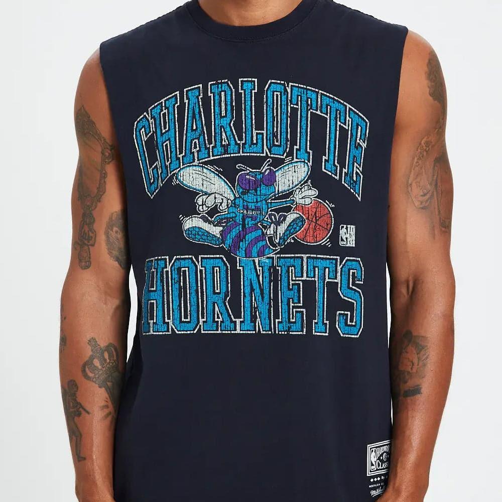 Mitchell And Ness T-Shirts Charlotte Hornets Mitchell & Ness NBA HWC Ivy Arch Vintage Muscle T-Shirt - Faded Black