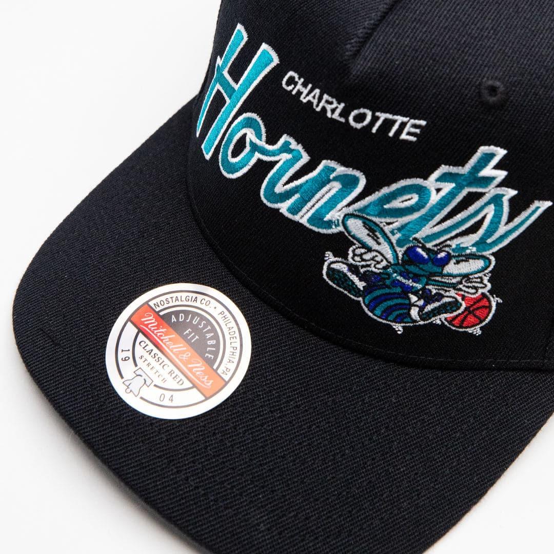 Mitchell And Ness Caps Charlotte Hornets Mitchell & Ness NBA Logo Script Classic Red Snapback Hat - Black