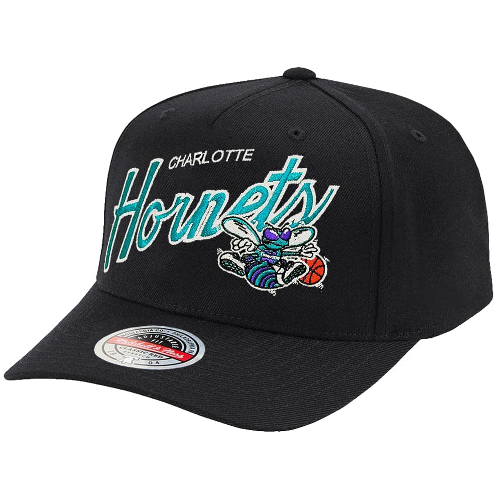 Mitchell And Ness Caps Charlotte Hornets Mitchell & Ness NBA Logo Script Classic Red Snapback Hat - Black
