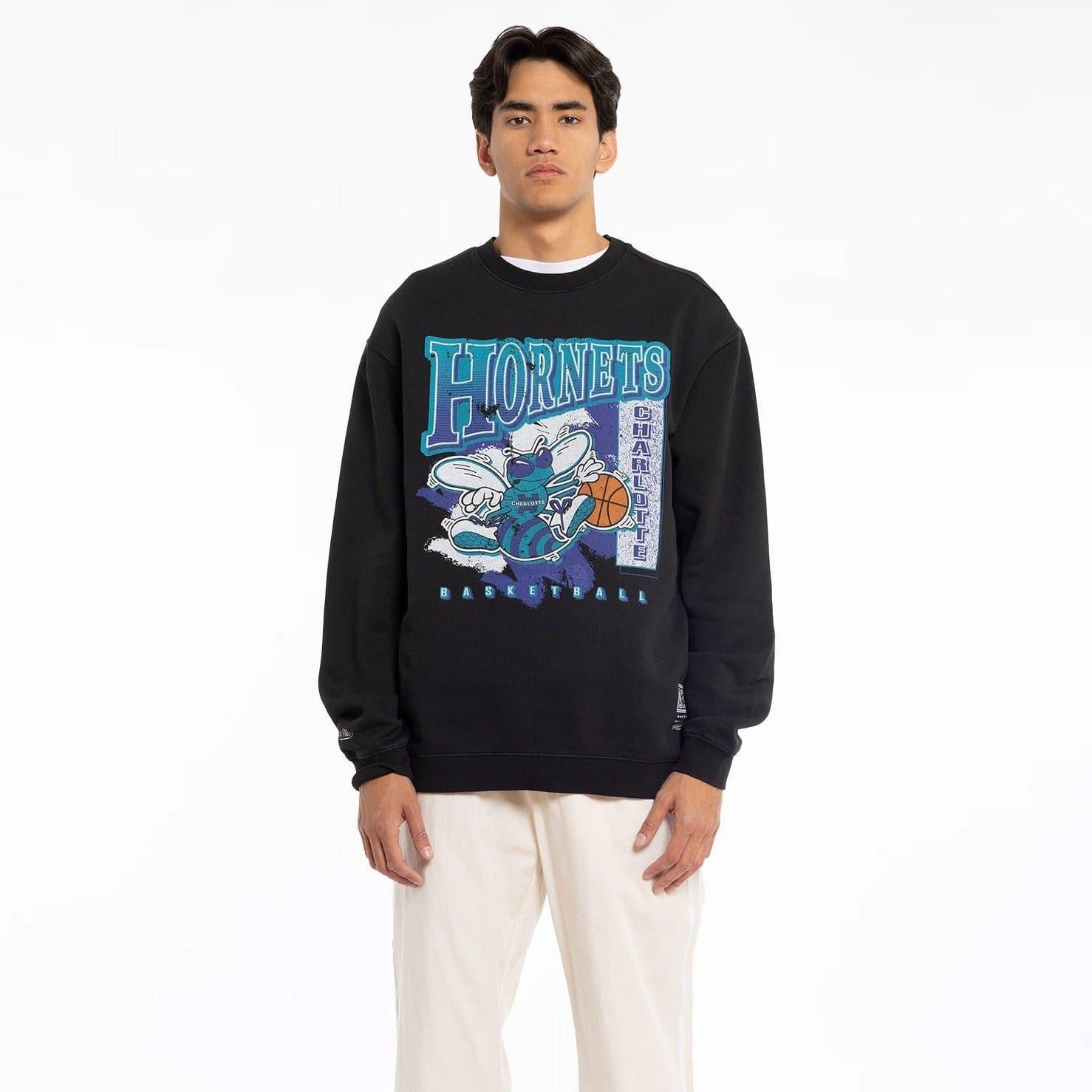 Mitchell And Ness Jumpers Charlotte Hornets Mitchell & Ness NBA Paint Brush Crew Jumper - Faded Black