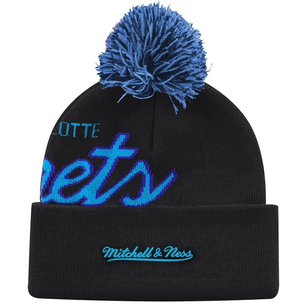 Mitchell And Ness Beanies Charlotte Hornets Mitchell & Ness NBA Script Burst Pom Knit Beanie - Black