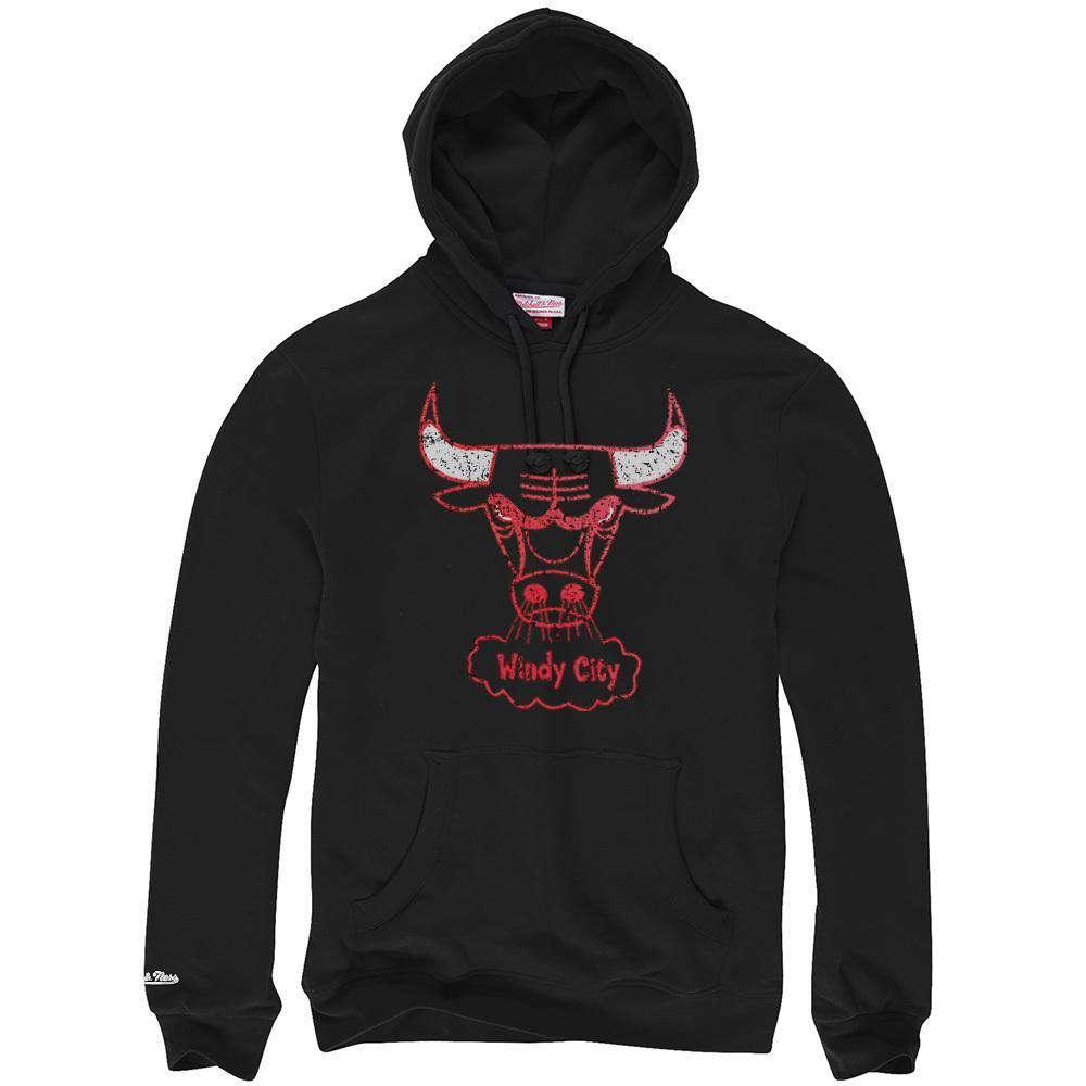 Mitchell And Ness Jumpers Chicago Bulls Mitchell & Ness NBA Distressed Logo Hoodie Jumper - Black