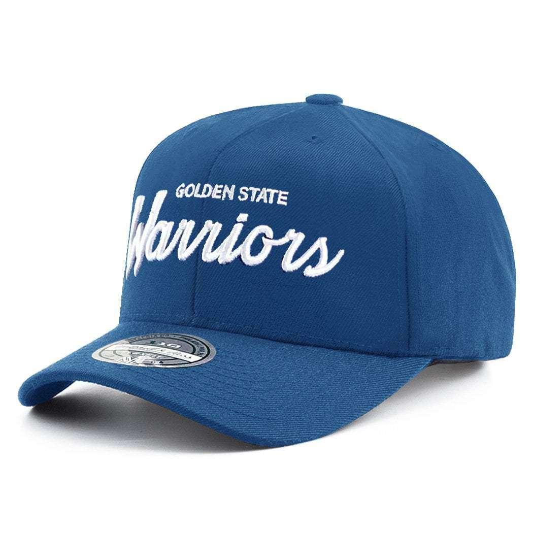 Golden State Warriors Mitchell & Ness NBA 110 Script Curve Snapback Hat - Blue