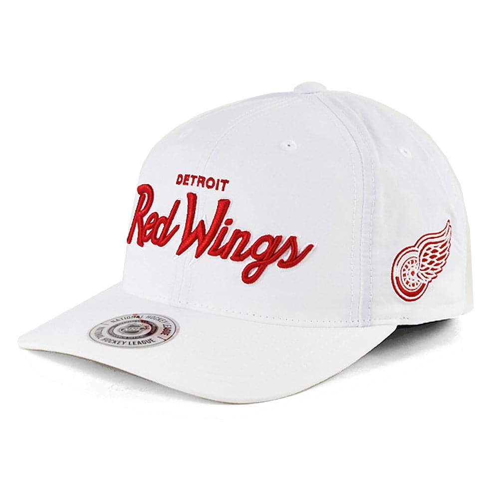 NHL Branded Caps Detroit Red Wings NHL Script Pre-Curved Nylon Deadstock Snapback Hat - White
