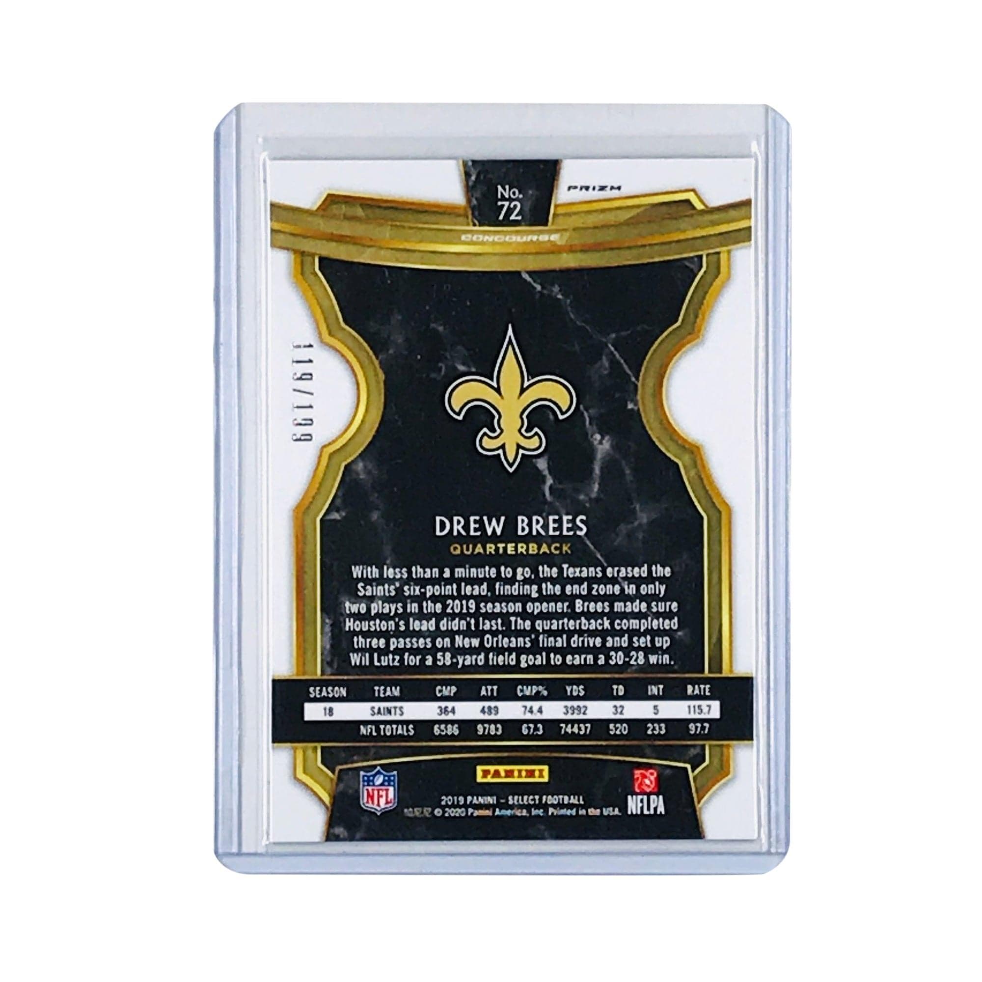 Panini Cards Drew Brees New Orleans Saints 2019 Panini Select NFL Concourse Tri-Colour /199 Card