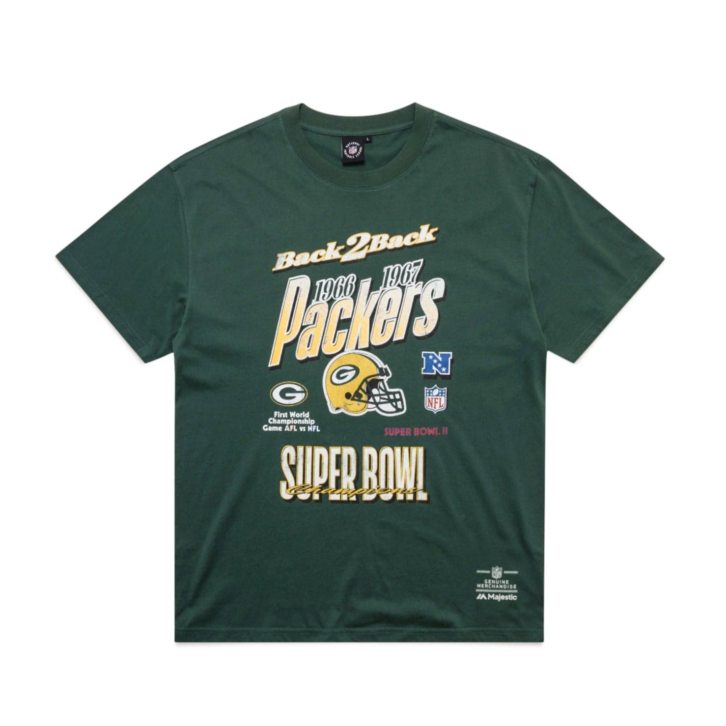 Majestic Athletic T-Shirts Green Bay Packers NFL Back 2 Back Champs Vintage T-Shirt - Faded Green