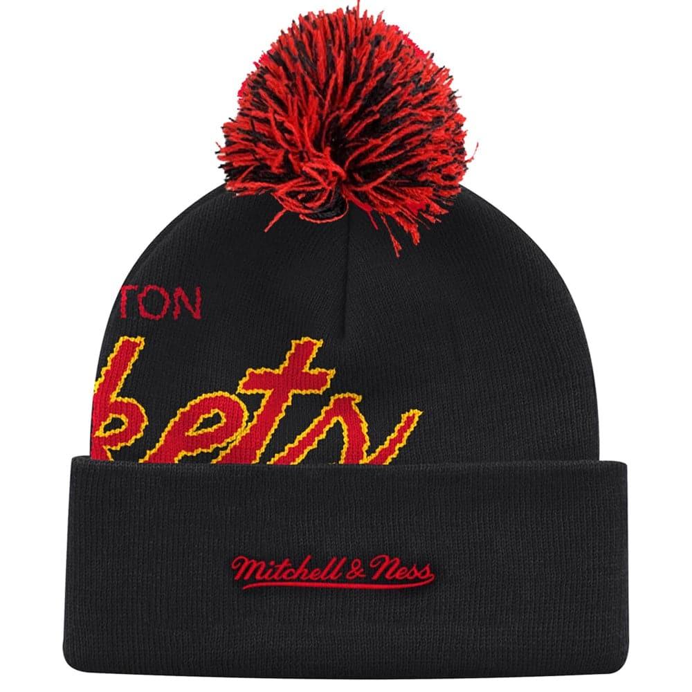 Mitchell And Ness Beanies Houston Rockets Mitchell & Ness NBA Script Burst Pom Knit Beanie - Black