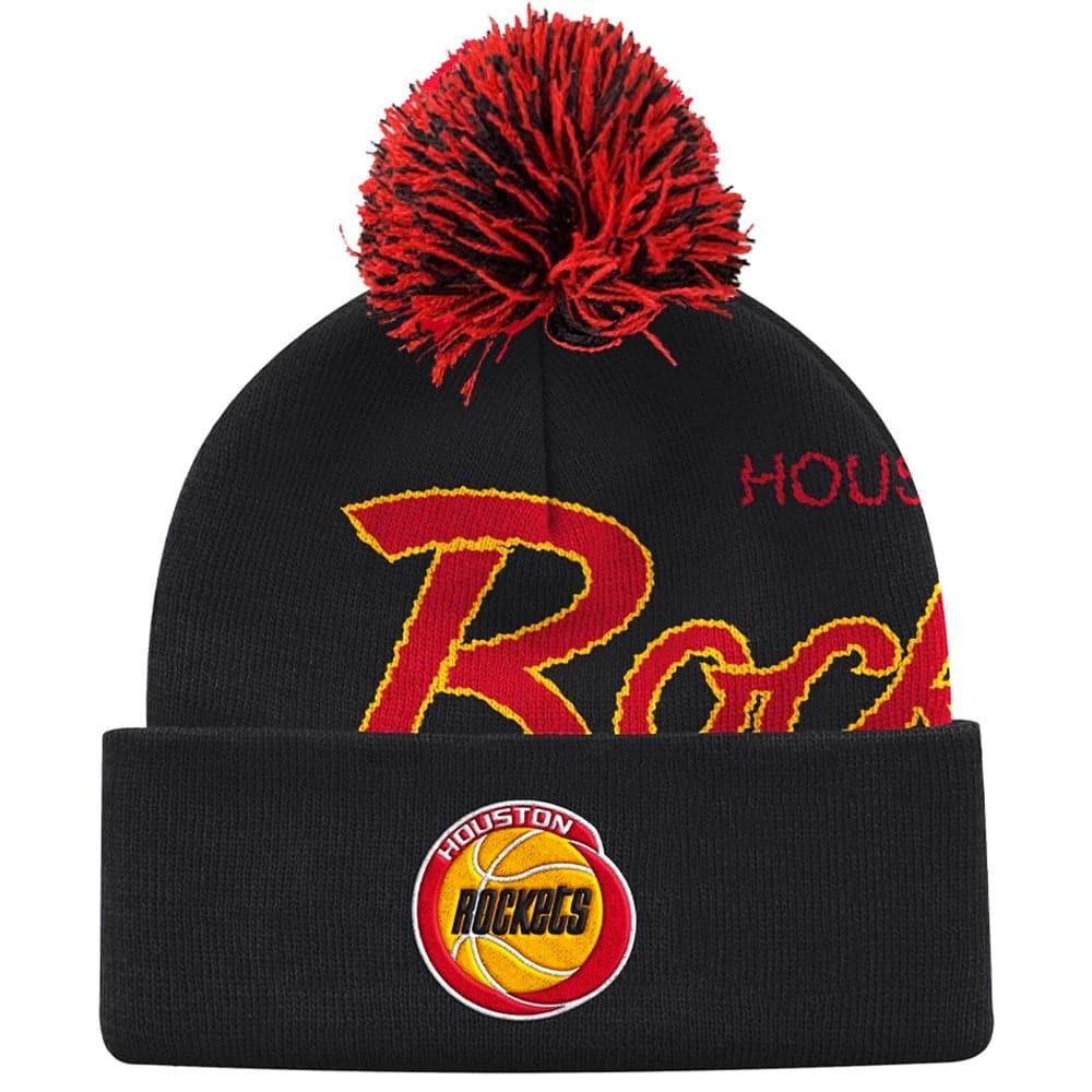 Mitchell And Ness Beanies Houston Rockets Mitchell & Ness NBA Script Burst Pom Knit Beanie - Black