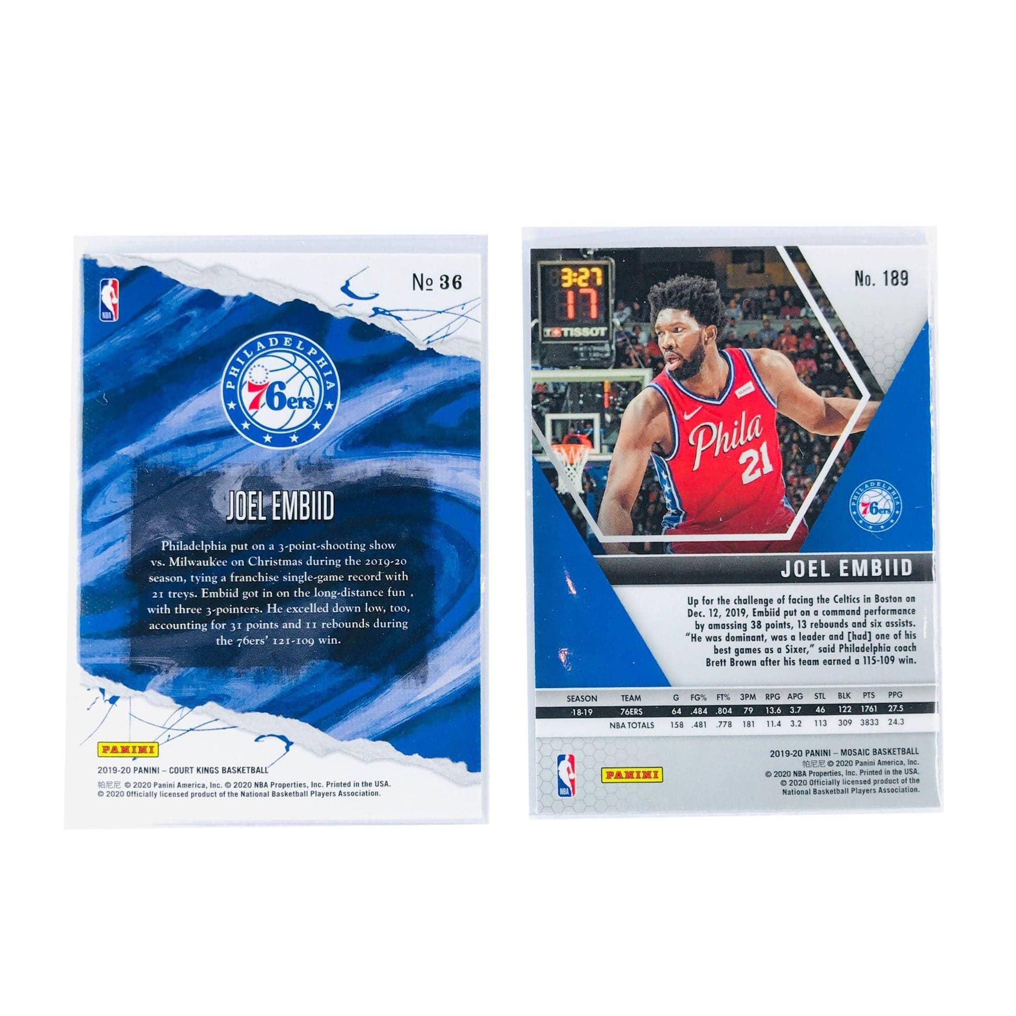 Panini Cards Joel Embiid Philadelphia 76ers 19-20 Panini NBA 2 Card Premium Base Set