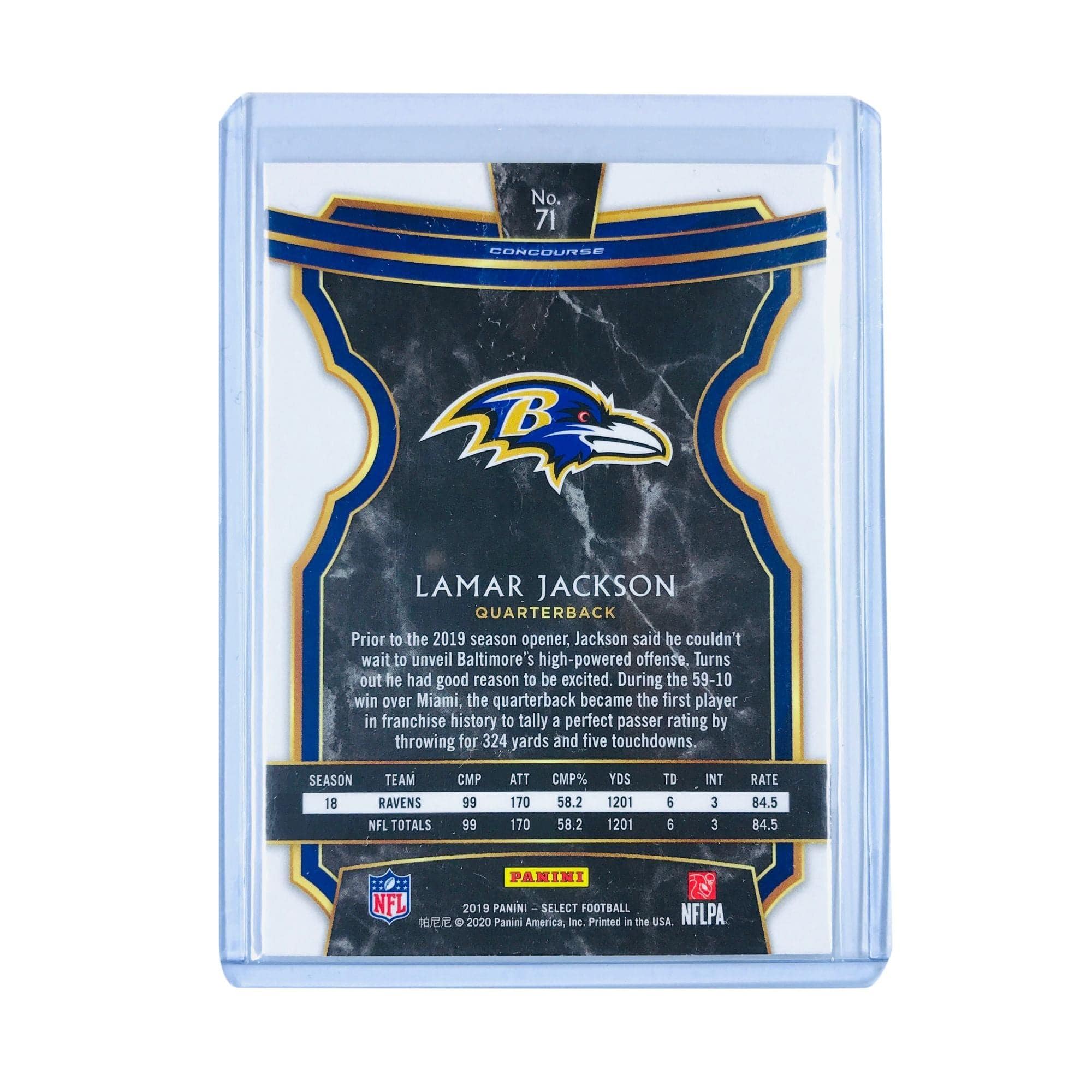 Panini Cards Lamar Jackson Baltimore Ravens 2019 Panini Select NFL Concourse 71 Card