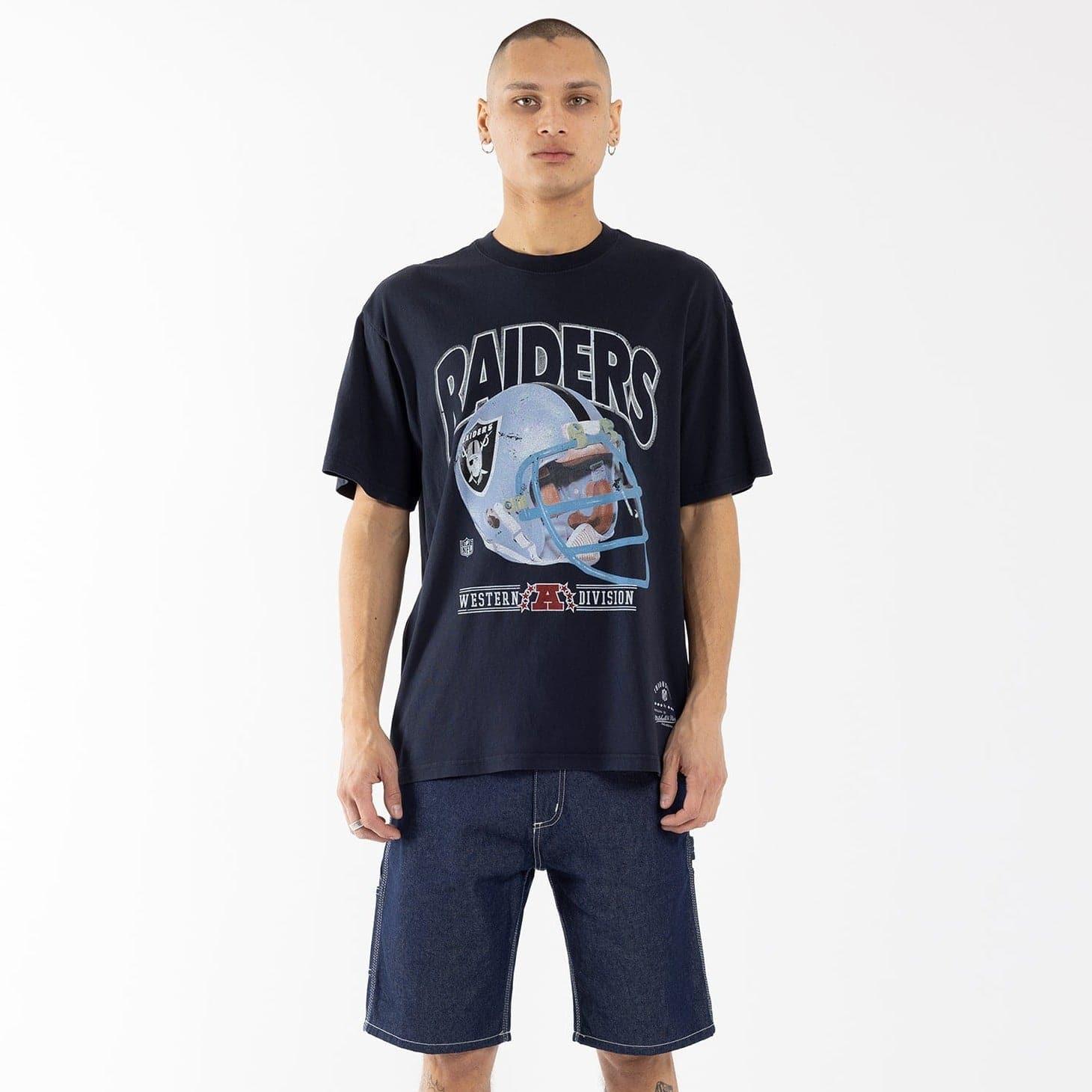 Mitchell And Ness T-Shirts Las Vegas Raiders Mitchell & Ness NFL Throwback Helmet Vintage T-Shirt - Faded Black