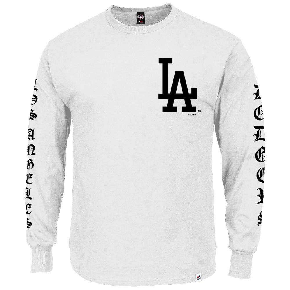 Majestic Athletic Long Sleeve Tees Los Angeles Dodgers Majestic MLB Gothic Long Sleeve T-Shirt - White